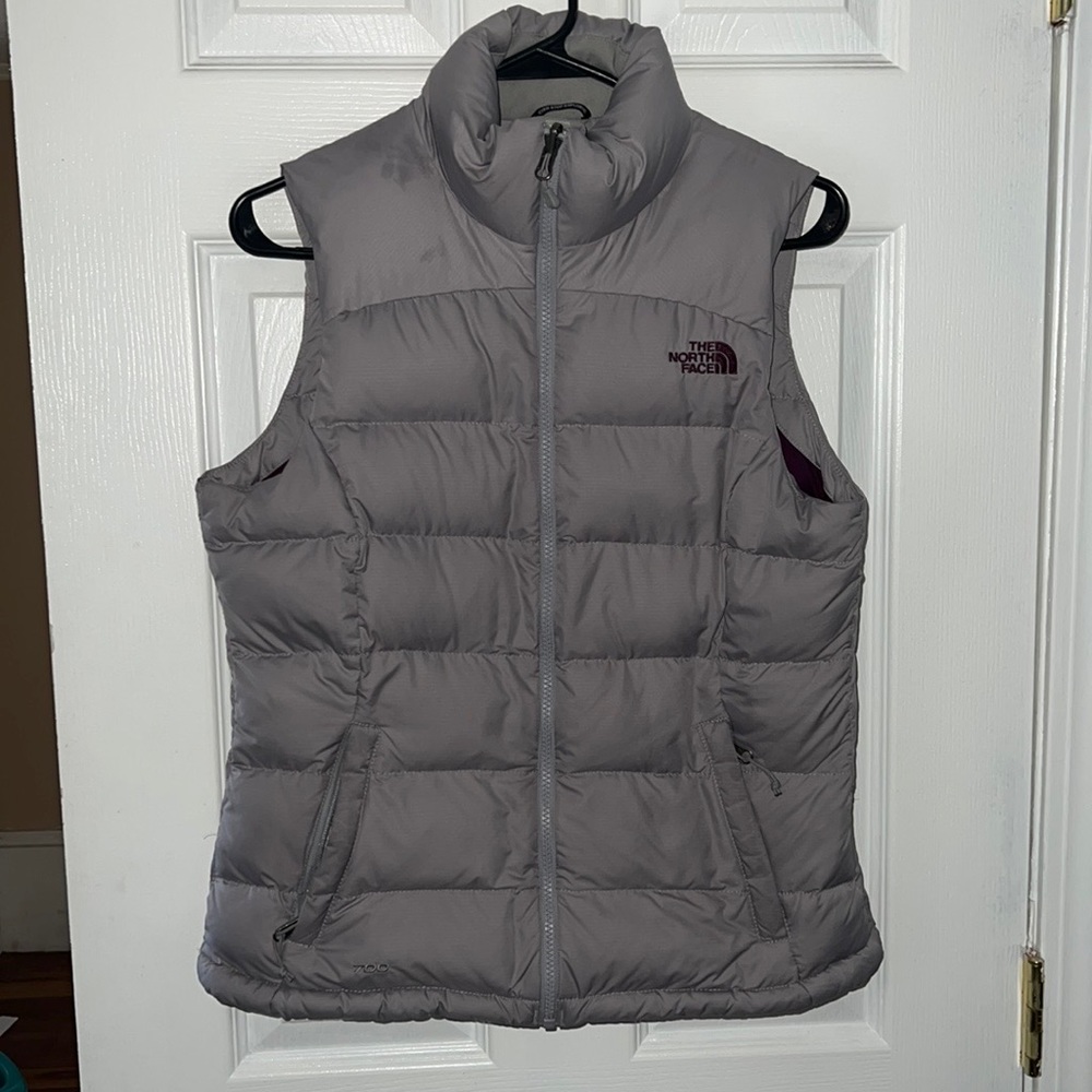 The North Face Women's Nuptse 700 Fill Down Vest Gray With Purple Lining Small